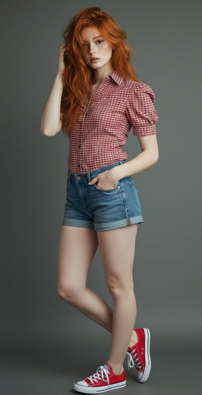 Woman with red hair wearing a plaid shirt, denim shorts, and red sneakers