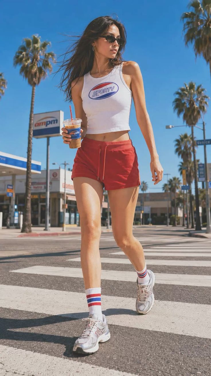 Woman in red shorts and a crop top walking across a street on a sunny day