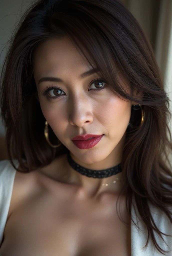 Woman with long hair, red lipstick, and a choker looking directly at the viewer