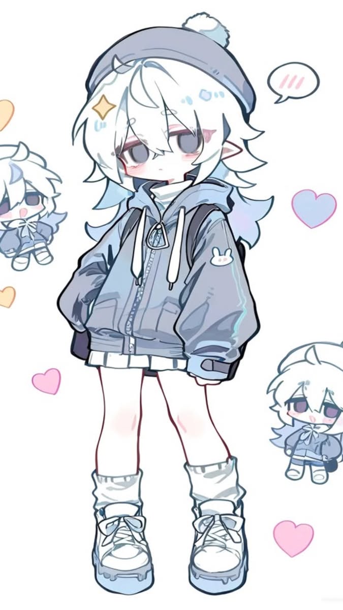 Anime style character with white hair, blue hoodie, and beanie hat