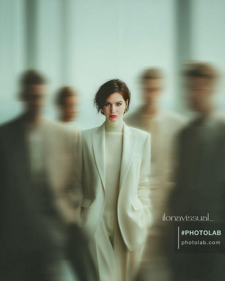Woman in a white suit with blurred figures in the background
