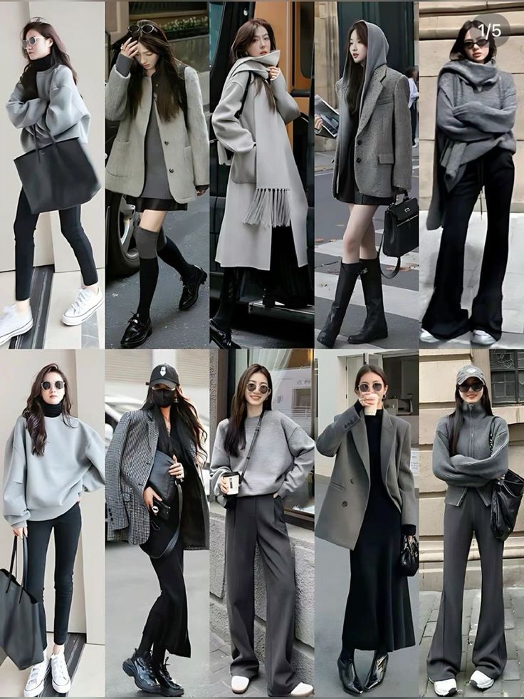 Collage of women in various gray and black outfits on city streets