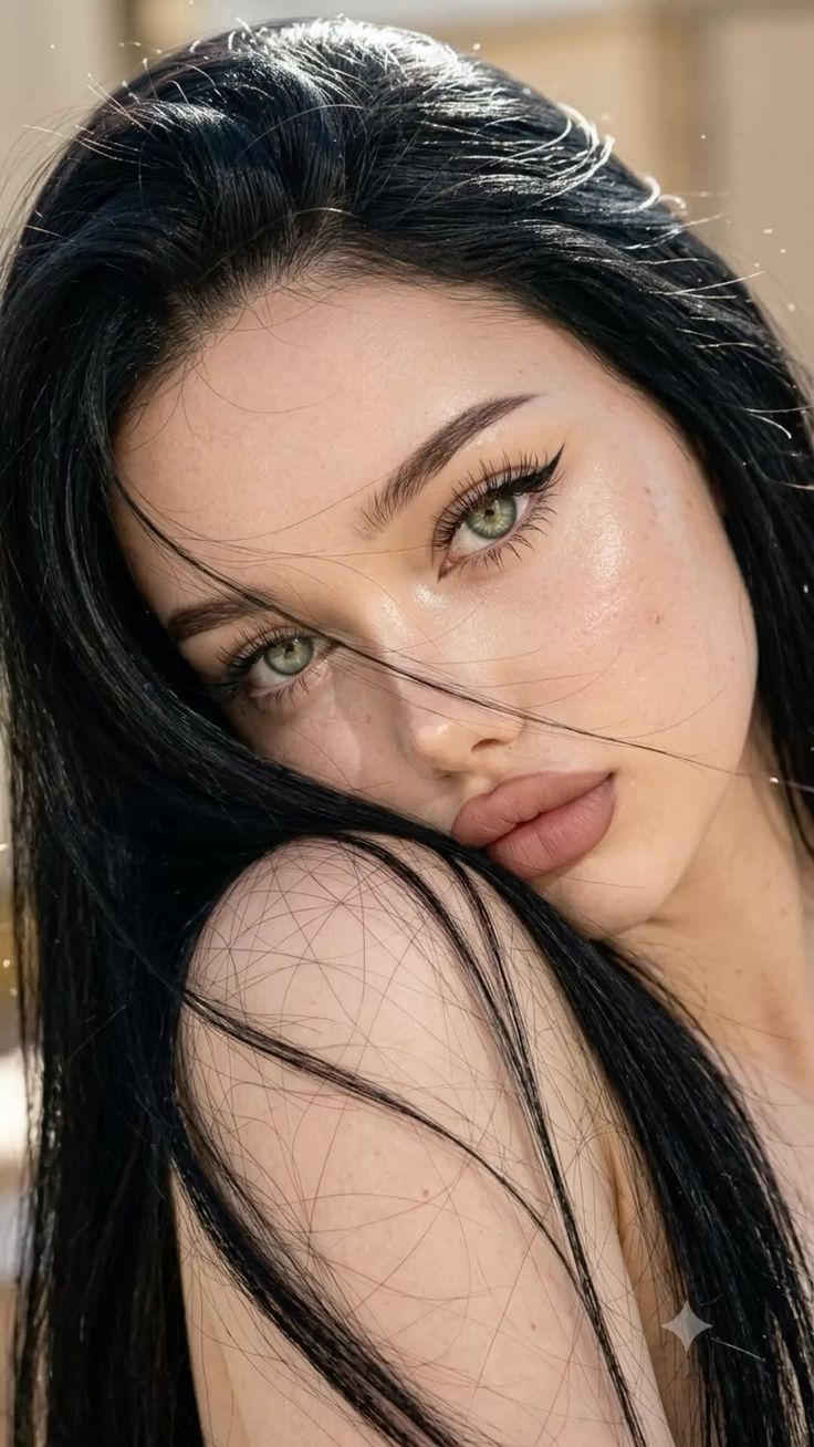 Close up portrait of a woman with long black hair and green eyes