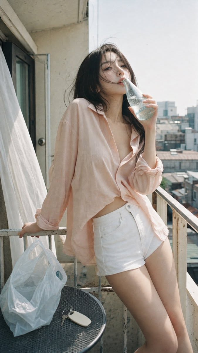 Woman in a pink shirt and white shorts drinking from a bottle on a balcony