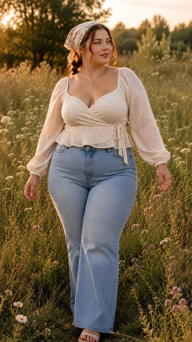 Woman with a head scarf and blouse in a field at golden hour