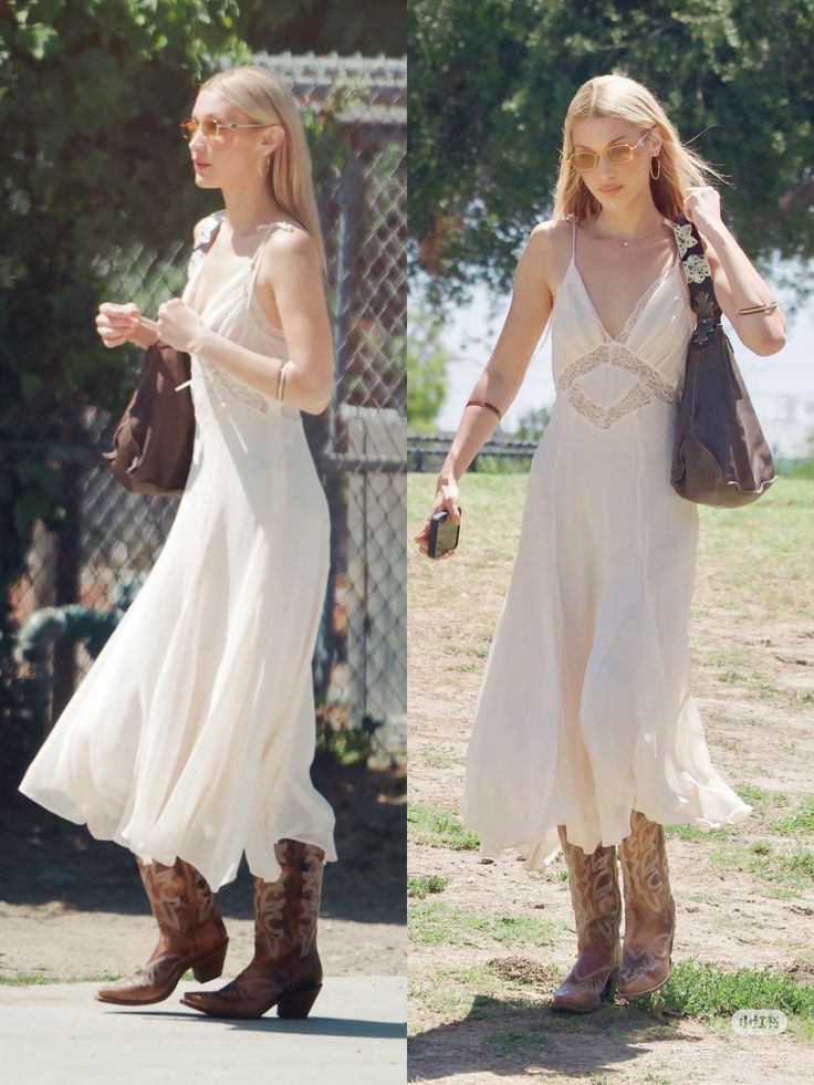 Woman with long blonde hair in a white dress and cowboy boots outdoors