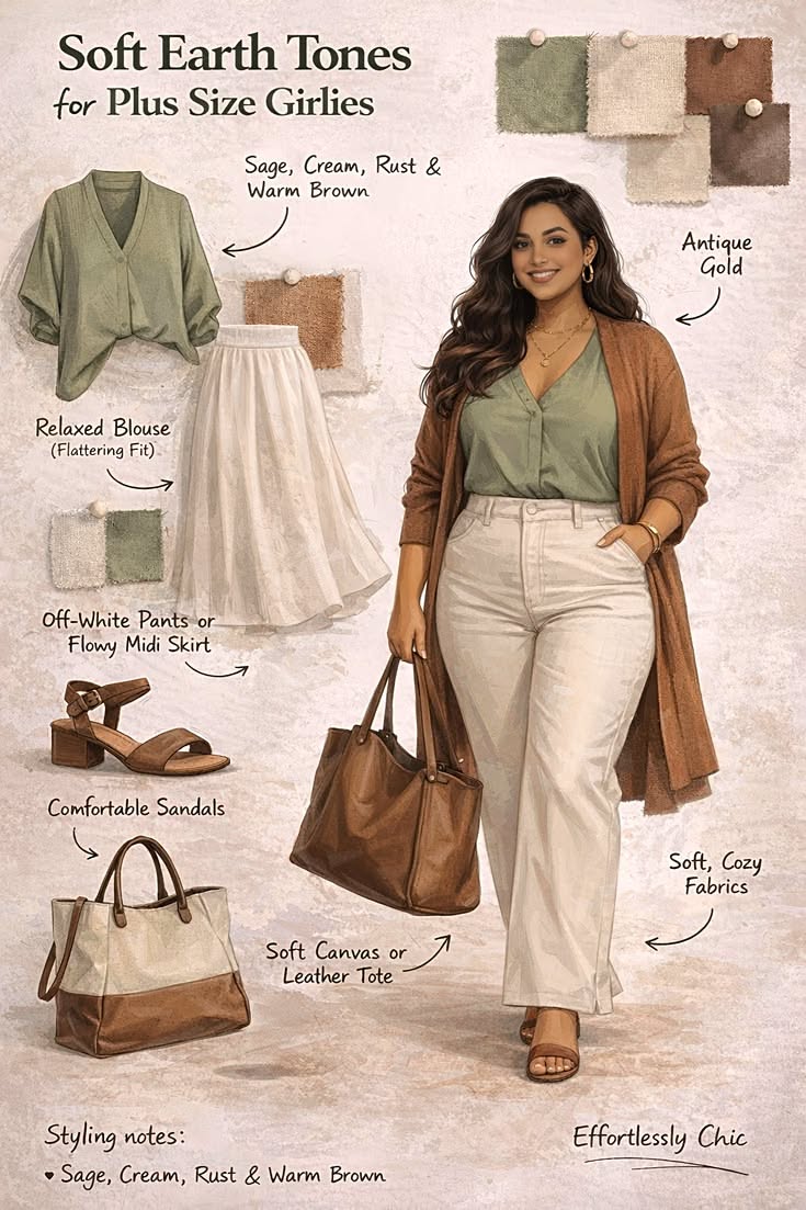 Illustration of a woman in earth tones with various clothing items and accessories