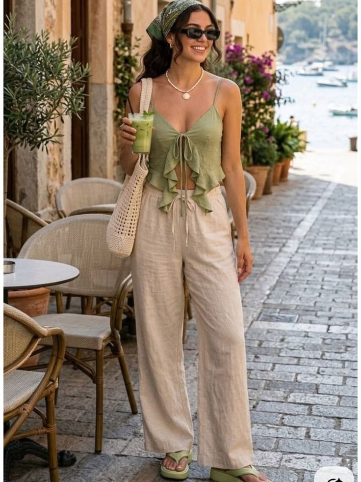 Woman in a green top and wide leg pants holding a drink on a street