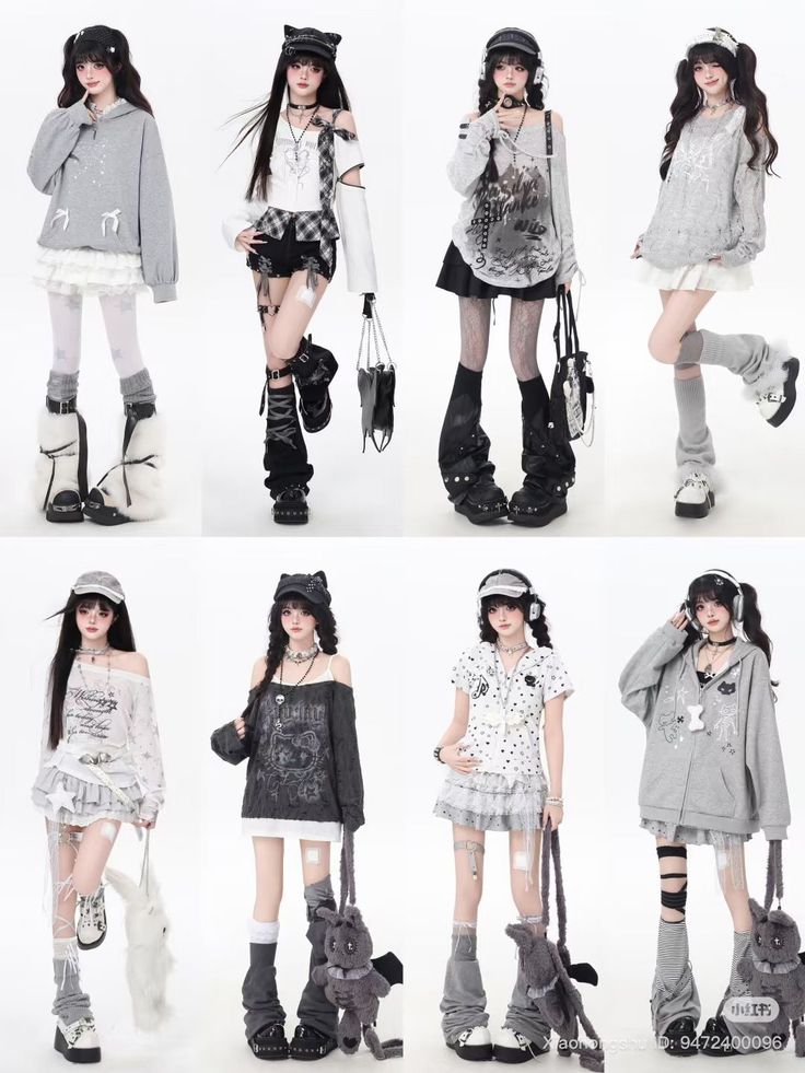 Eight women in various gray and white alternative fashion outfits