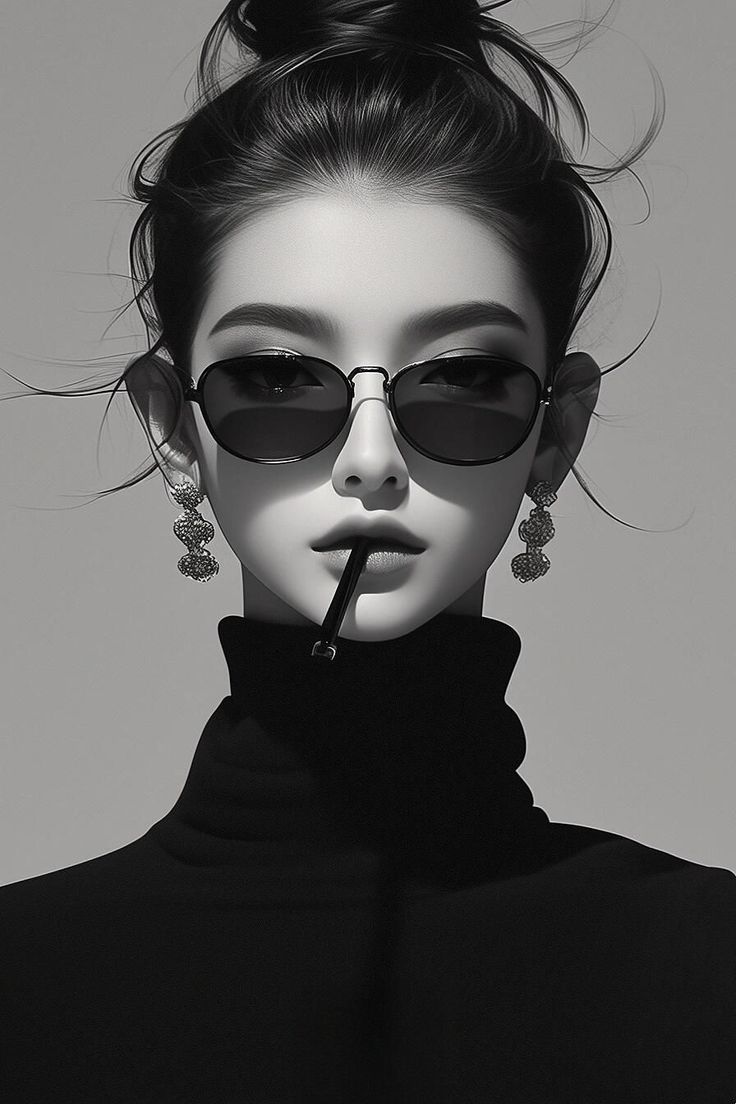 Black and white portrait of a woman in sunglasses and a turtleneck