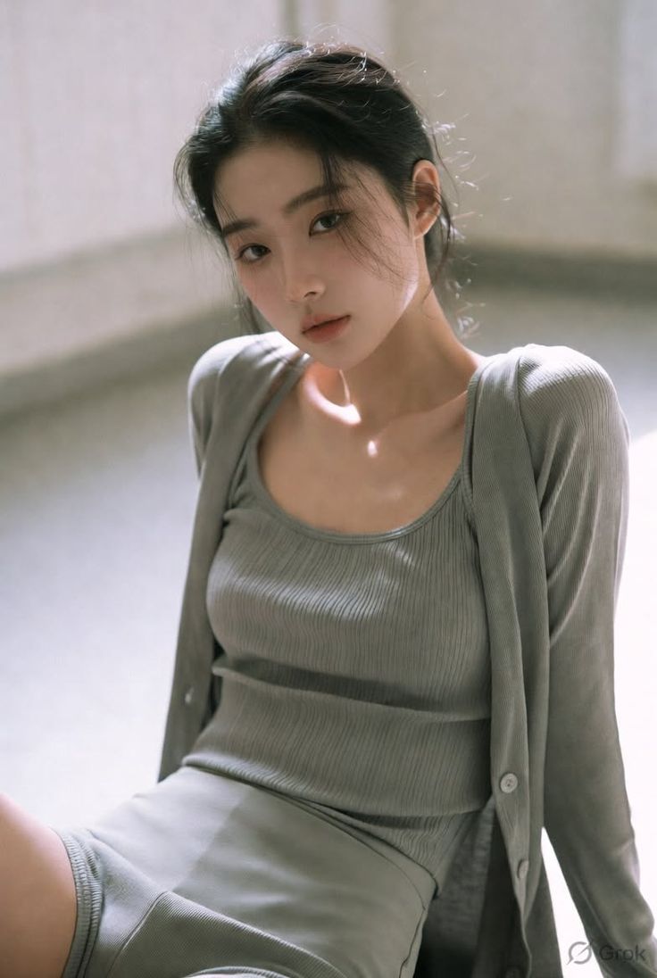 Woman with black hair wearing a grey cardigan and tank top indoors