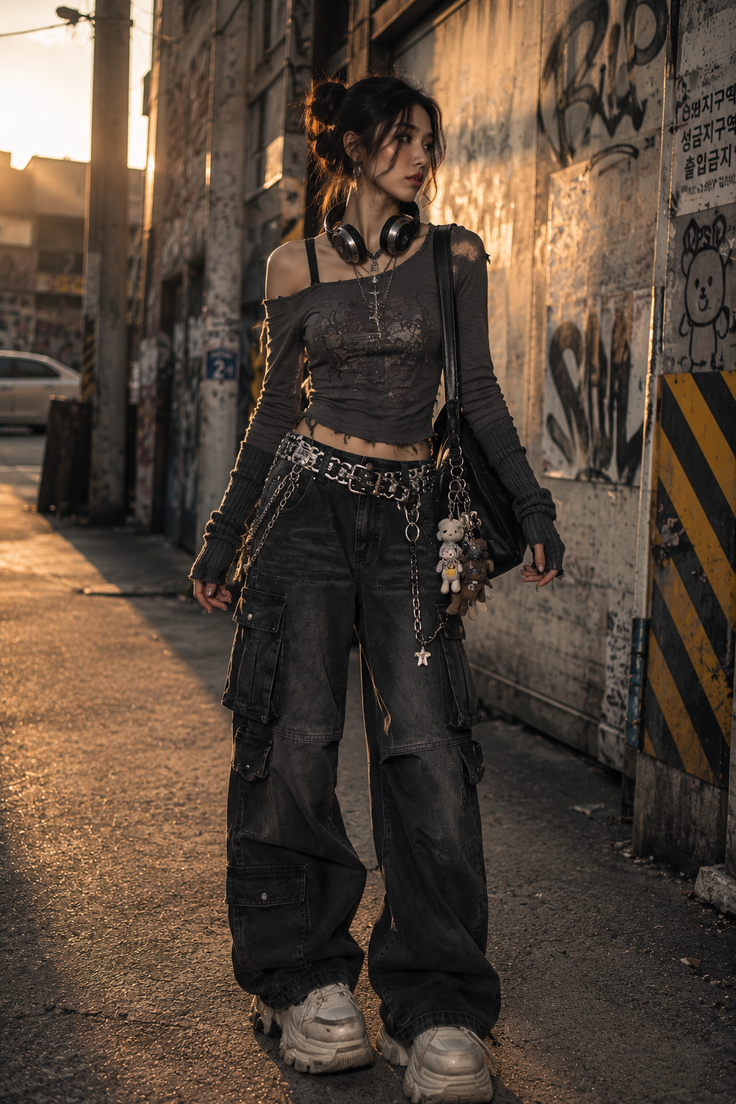 Woman in cargo pants and a long-sleeve top with headphones in an urban setting