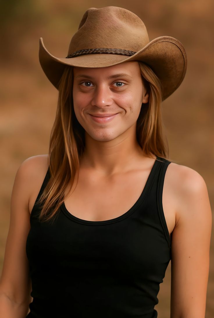 Person in a cowboy hat and black tank top smiling outdoors