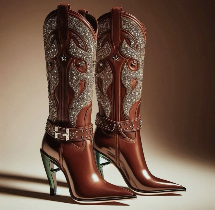 Pair of brown leather cowboy boots with rhinestones and high heels