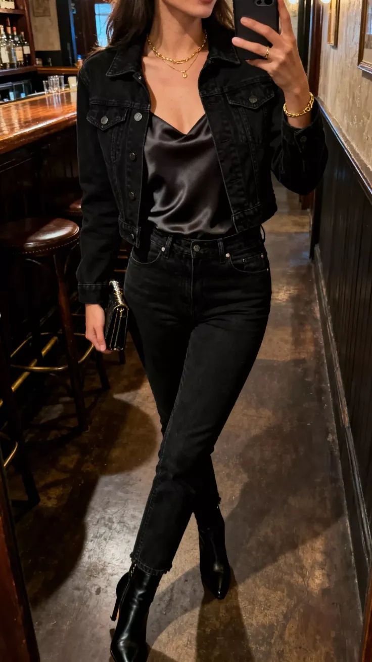 Woman in a black denim jacket and jeans with a satin top in a bar