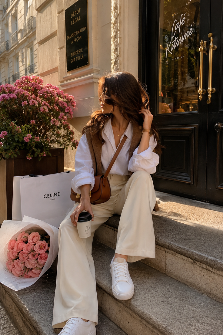 Woman with long hair sitting on steps with coffee and flowers in golden hour light