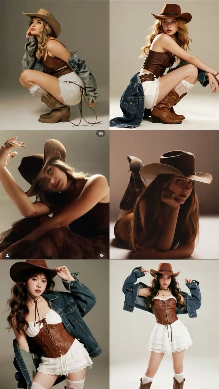 Multiple women in cowboy-themed outfits posing in a studio