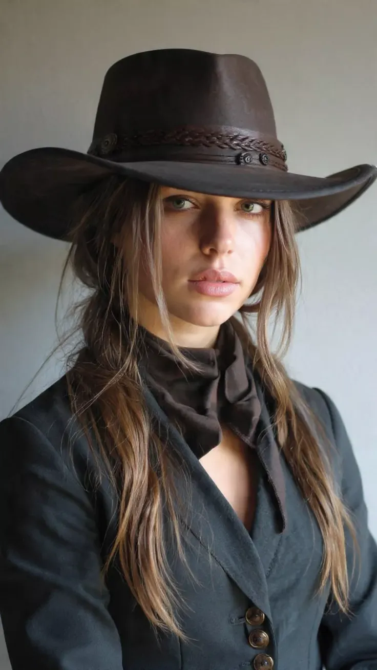 Woman in a cowboy hat and black jacket with long brown hair