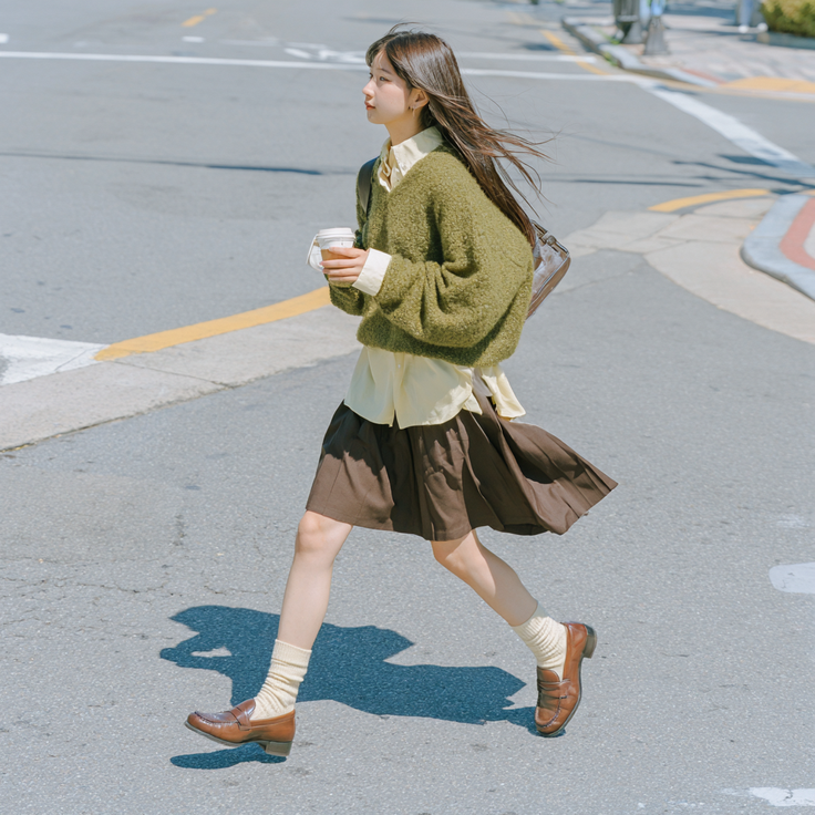 Woman in a green sweater and brown skirt crossing a street