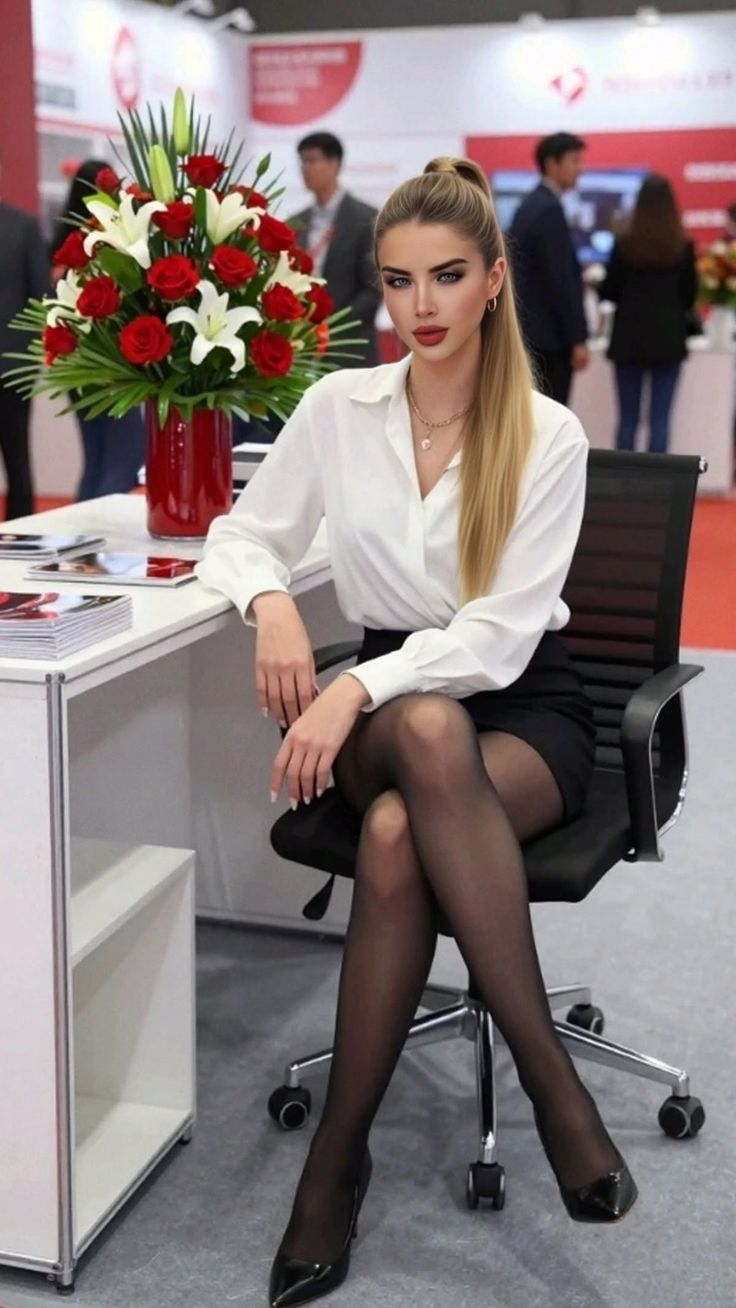 Woman with blonde ponytail in a white shirt and black skirt sitting at a desk