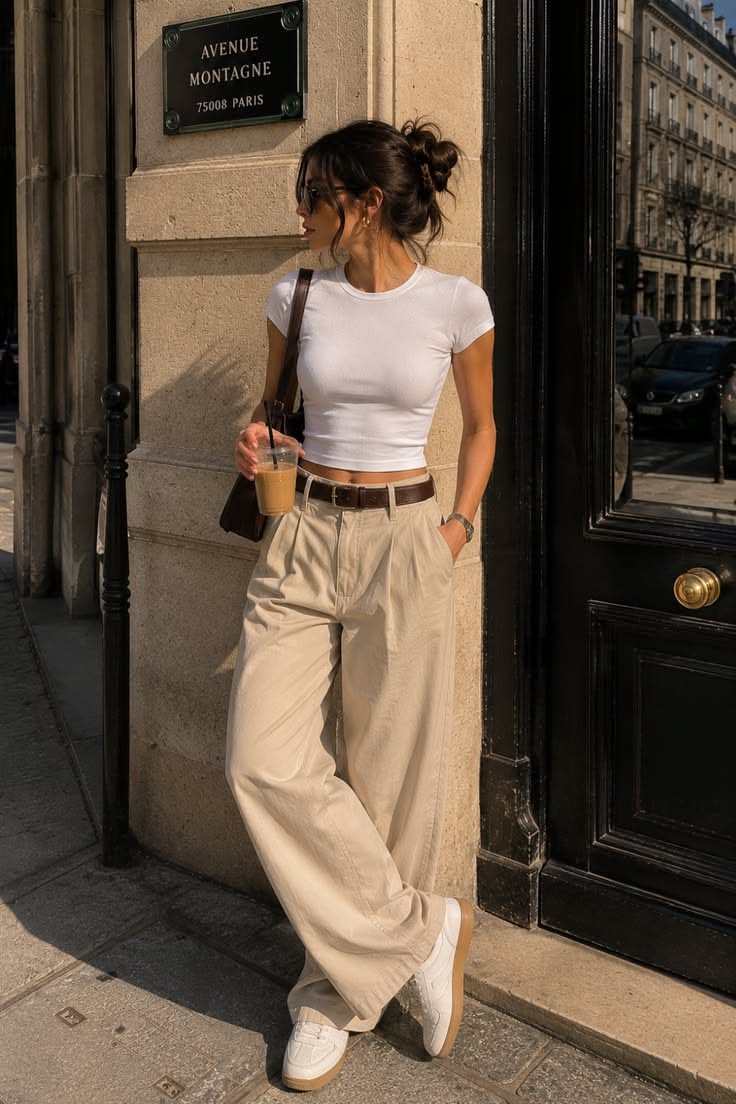 Woman in a white crop top and wide leg pants on a sunny street