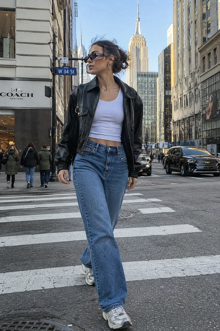 Woman in a leather jacket and jeans walking on a city street