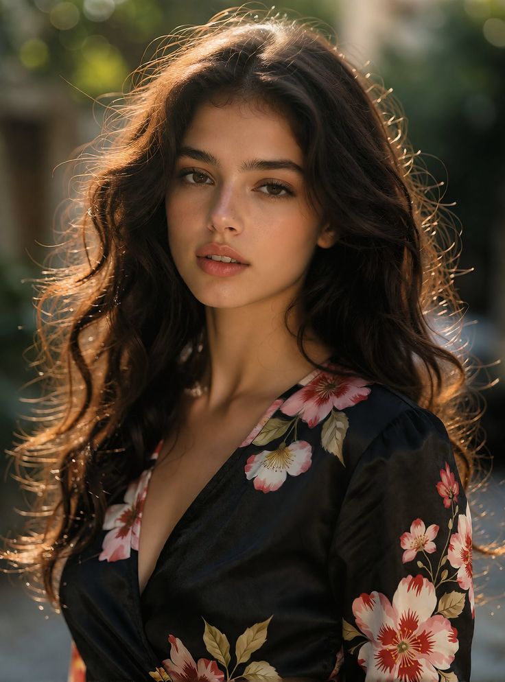 Woman with long wavy hair in a floral dress with backlight