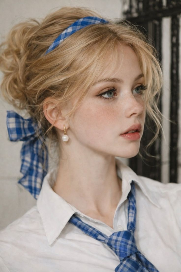 Blonde woman with an updo, blue plaid headband and tie, wearing a white shirt