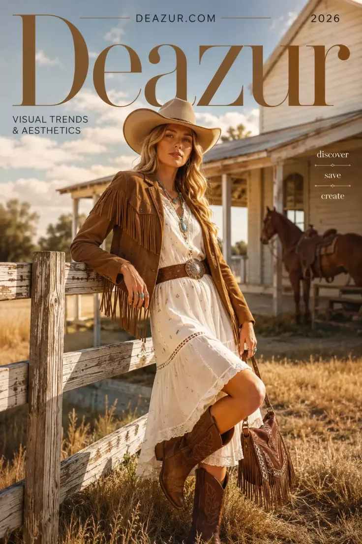 Woman in a cowboy hat, fringe jacket, and white dress leaning on a fence