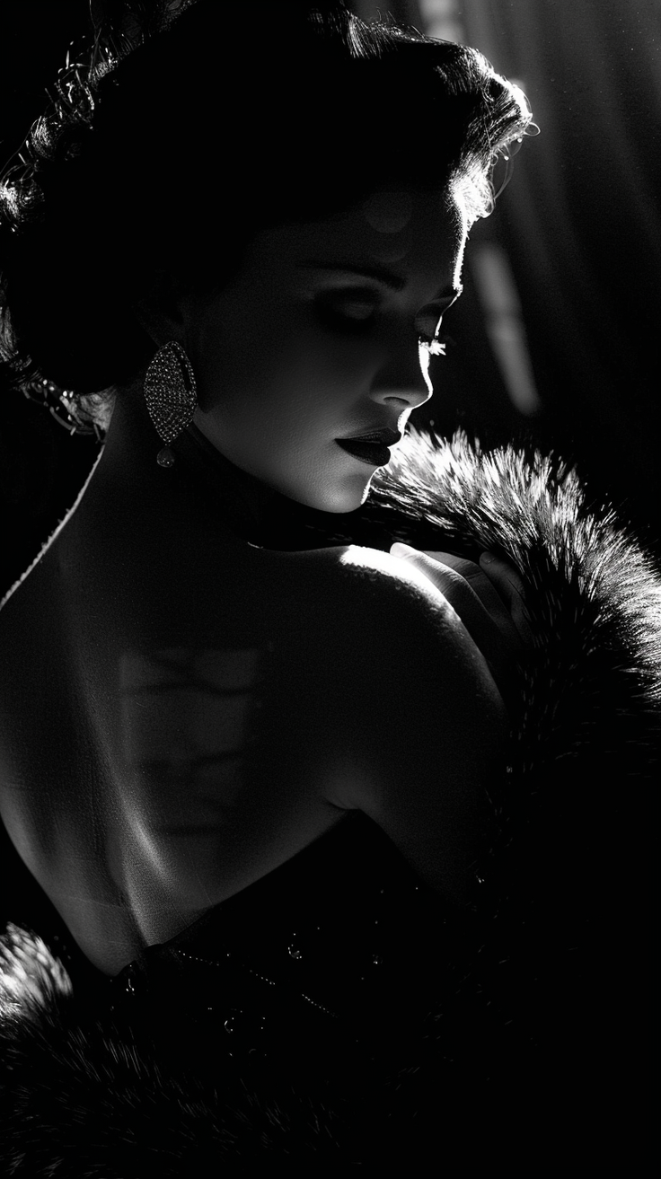 Woman with an updo and fur collar in dramatic backlight, black and white