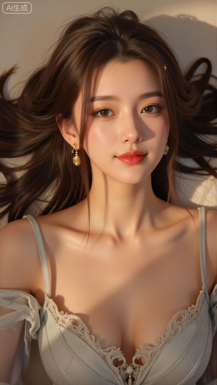 Woman with long brown hair and earrings, showing cleavage in soft lighting
