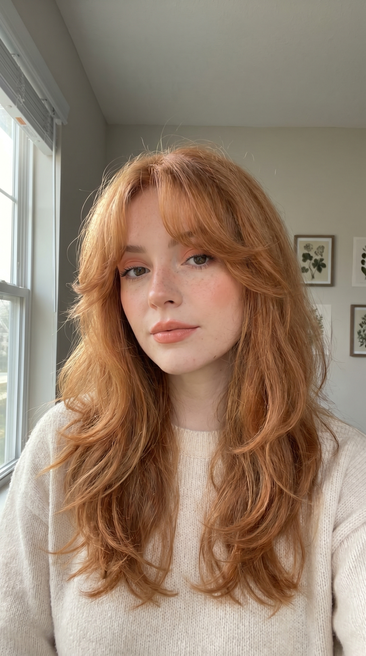 Woman with long red hair and freckles wearing a sweater indoors