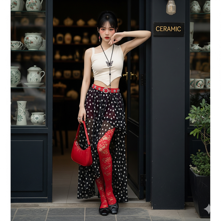 Woman in a polka dot skirt and red lace tights posing outside a ceramic shop