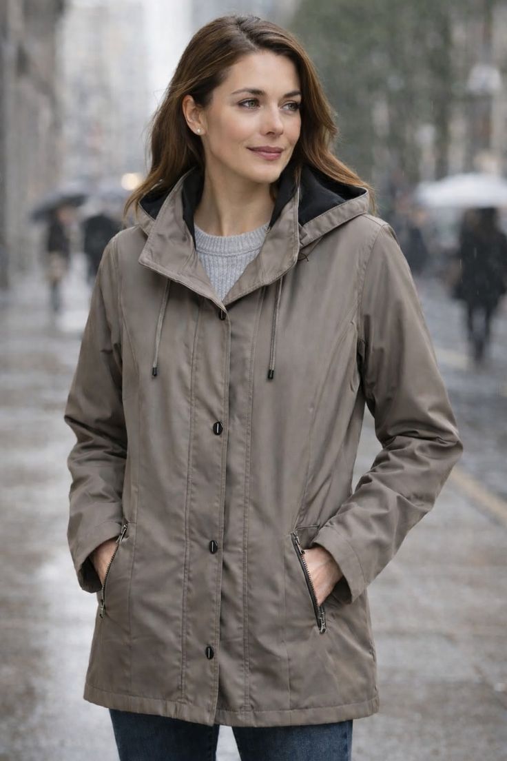 Woman in a hooded jacket on a rainy street