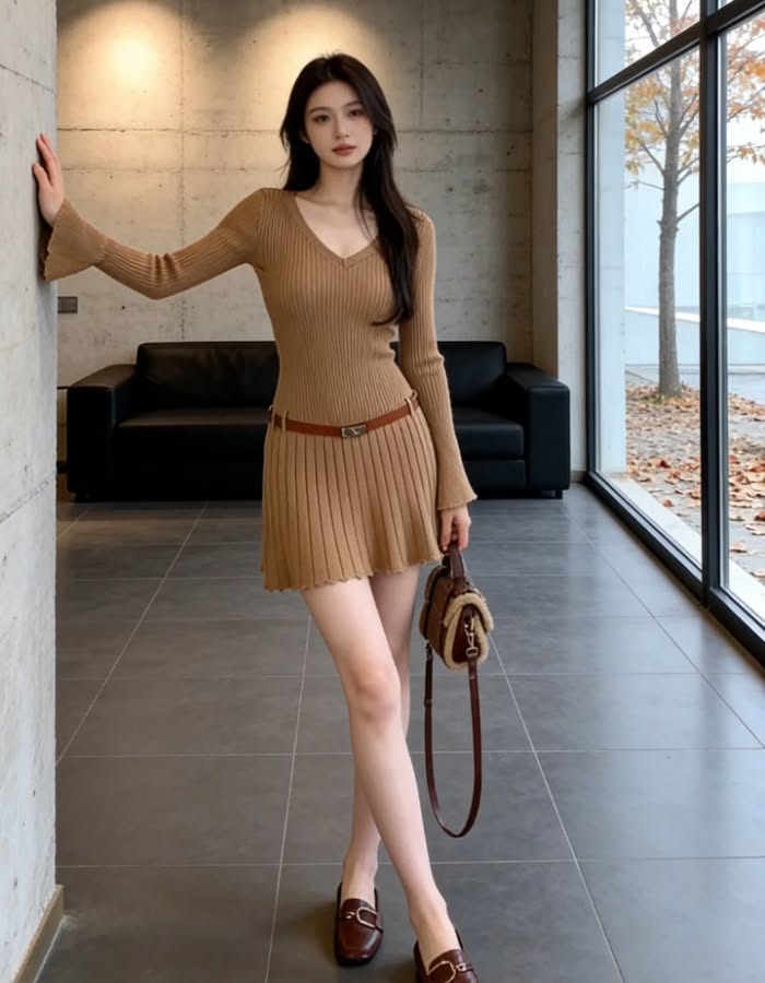 Woman in a brown knitted dress and belt posing indoors