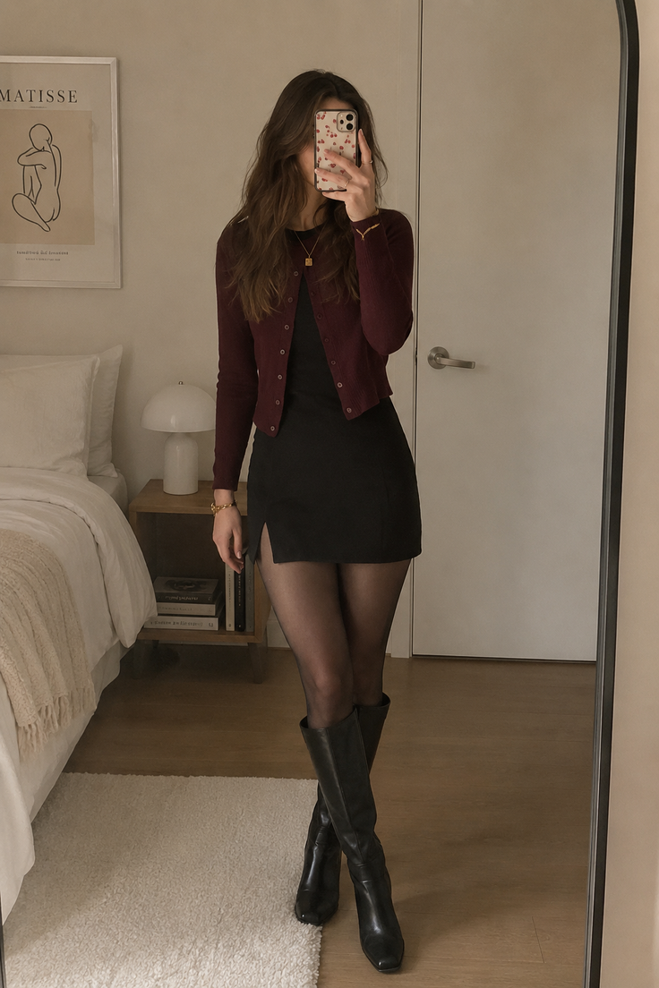 Woman in a black dress and cardigan taking a mirror selfie in a bedroom