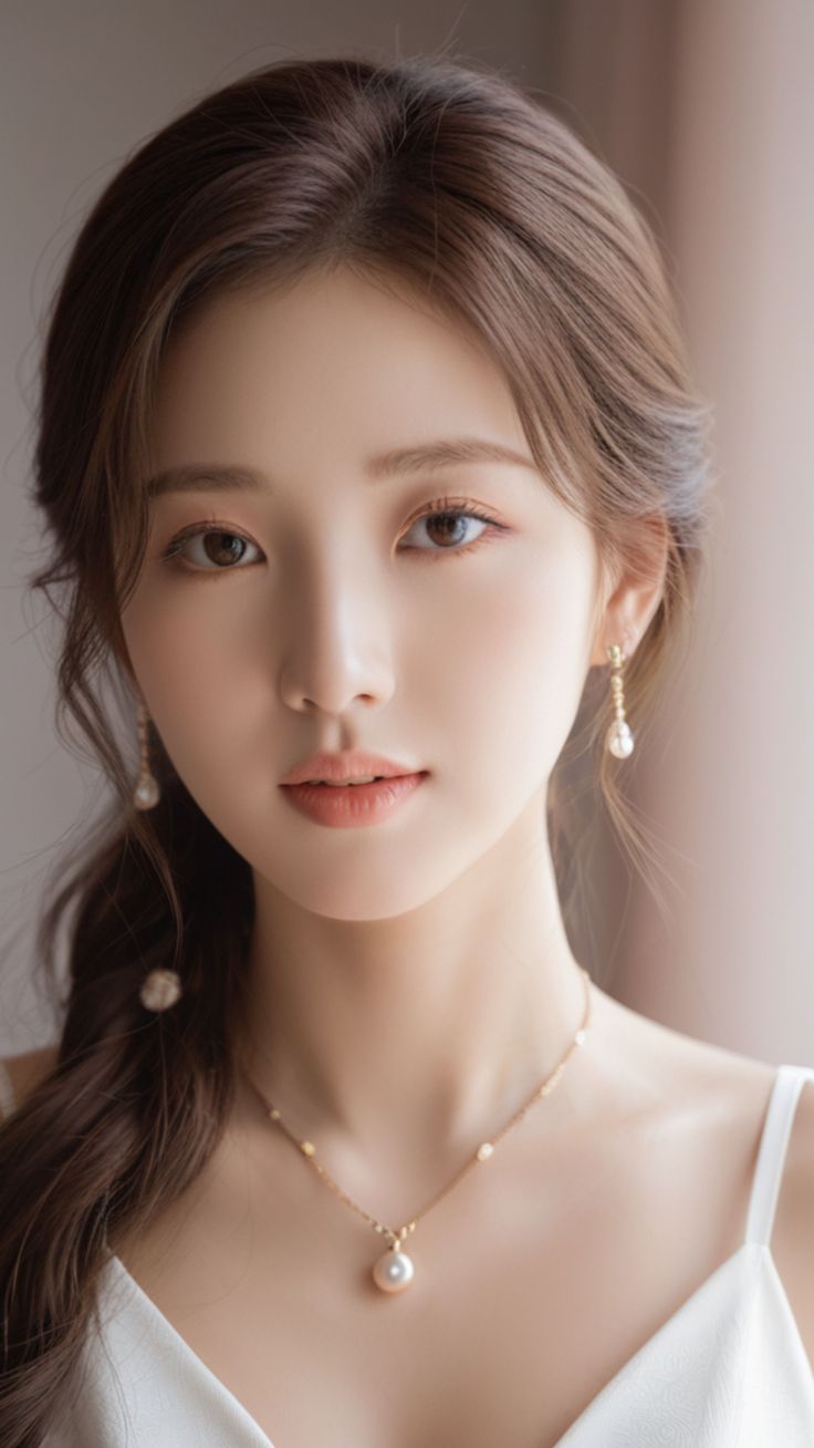 Woman with long brown hair and pearl jewelry in soft lighting