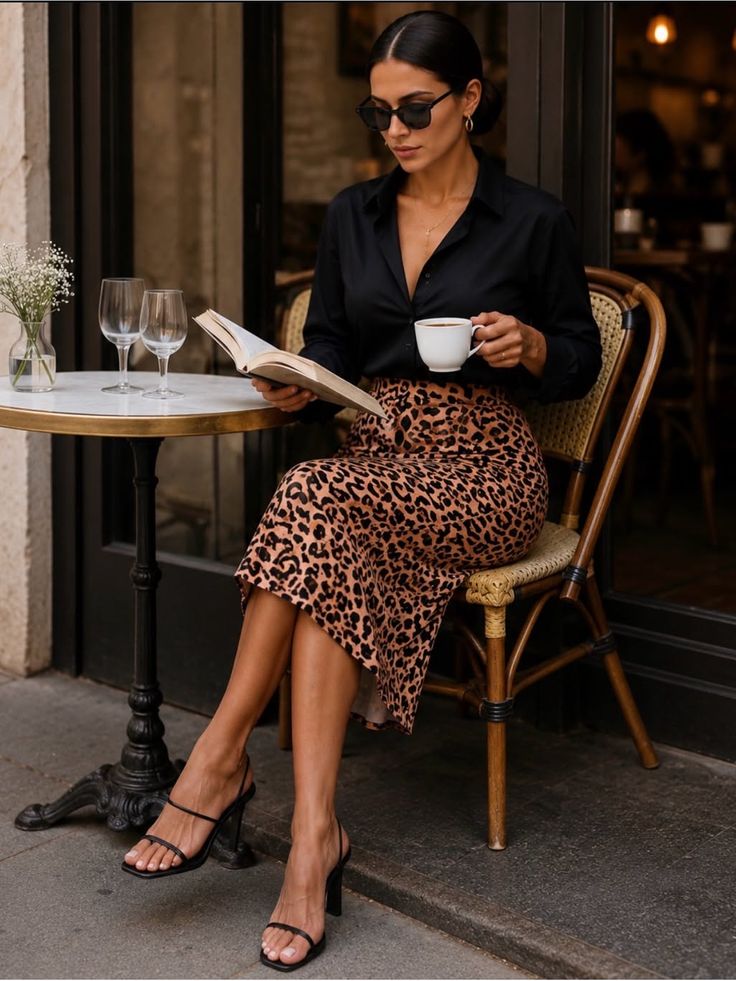 Woman in a leopard print skirt and black shirt reading a book at an outdoor cafe