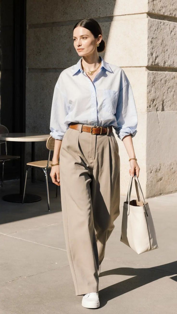 Woman in a light blue shirt and wide leg pants walking outdoors