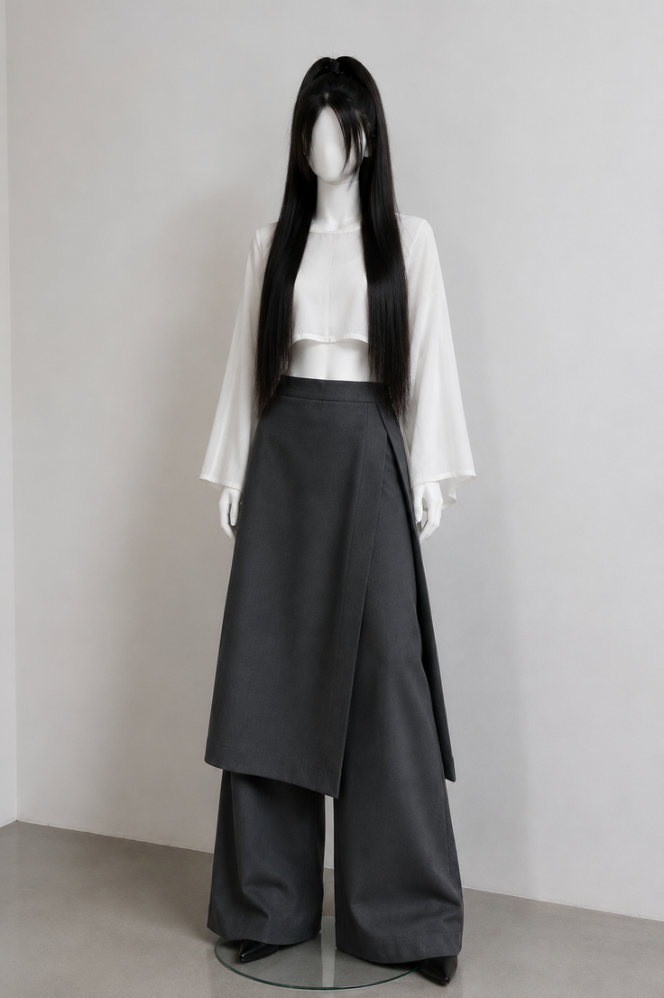 Mannequin wearing a white crop top, dark wide leg pants, and a wrap skirt