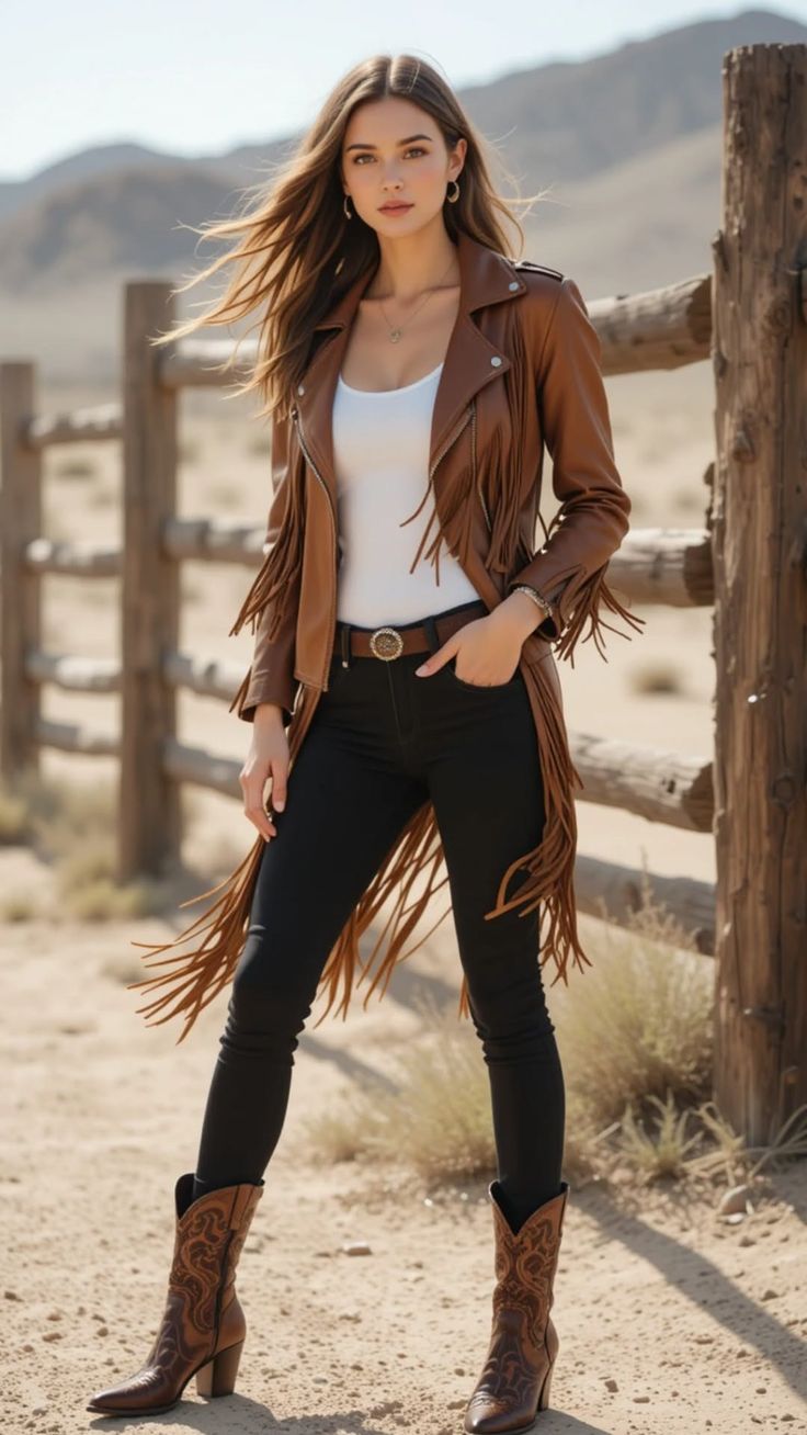 Woman in a brown fringe jacket and cowboy boots in a desert landscape