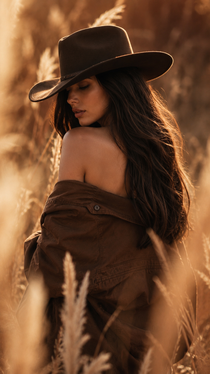 Woman in a cowboy hat with exposed shoulders in a field at golden hour