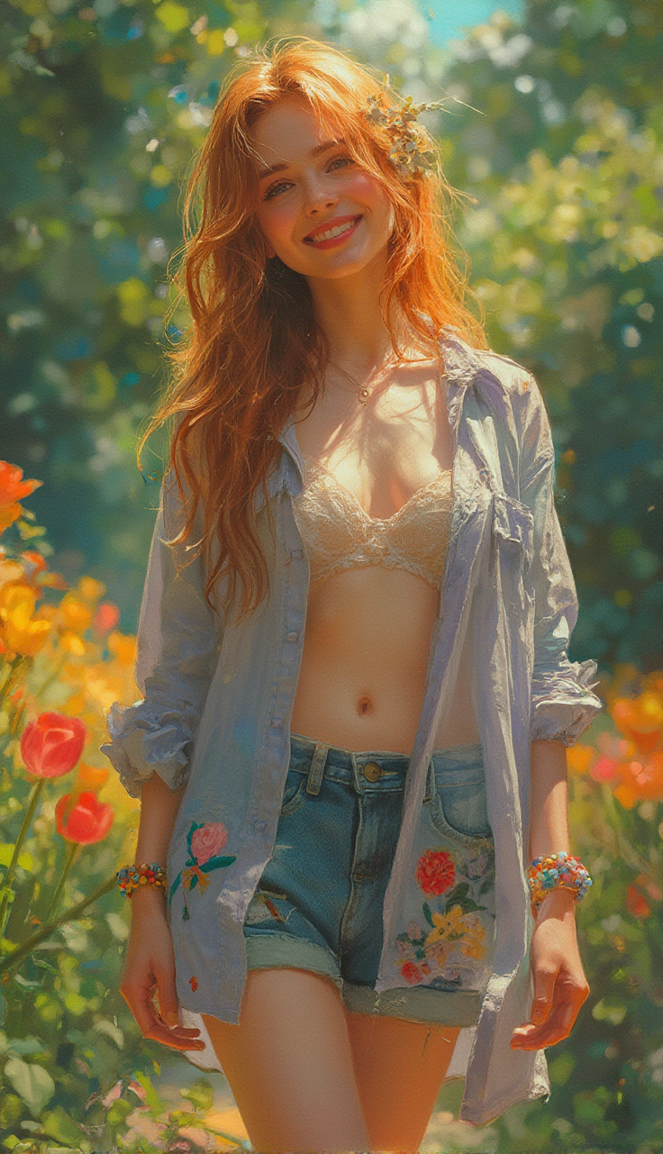 Woman with long red hair in an open shirt and denim shorts outdoors