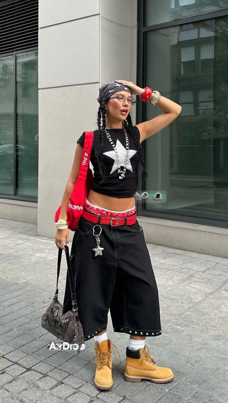 Woman in a black crop top and baggy pants with a red belt and bandana