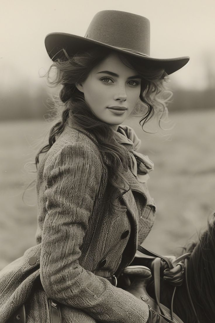 Woman in a cowboy hat and tweed coat on horseback in sepia tone