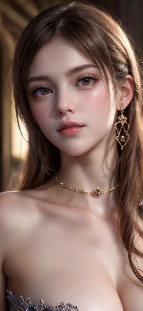 Woman with long hair and jewelry, showing exposed skin and cleavage