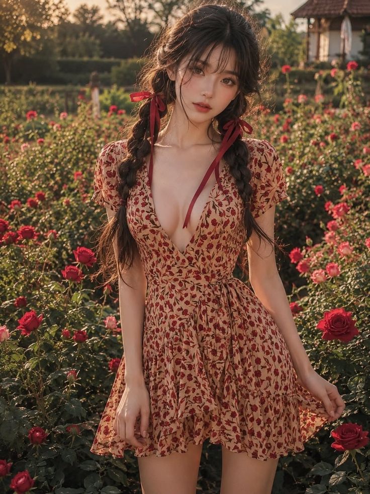 Woman in a floral dress with braided hair and red ribbons in a rose garden