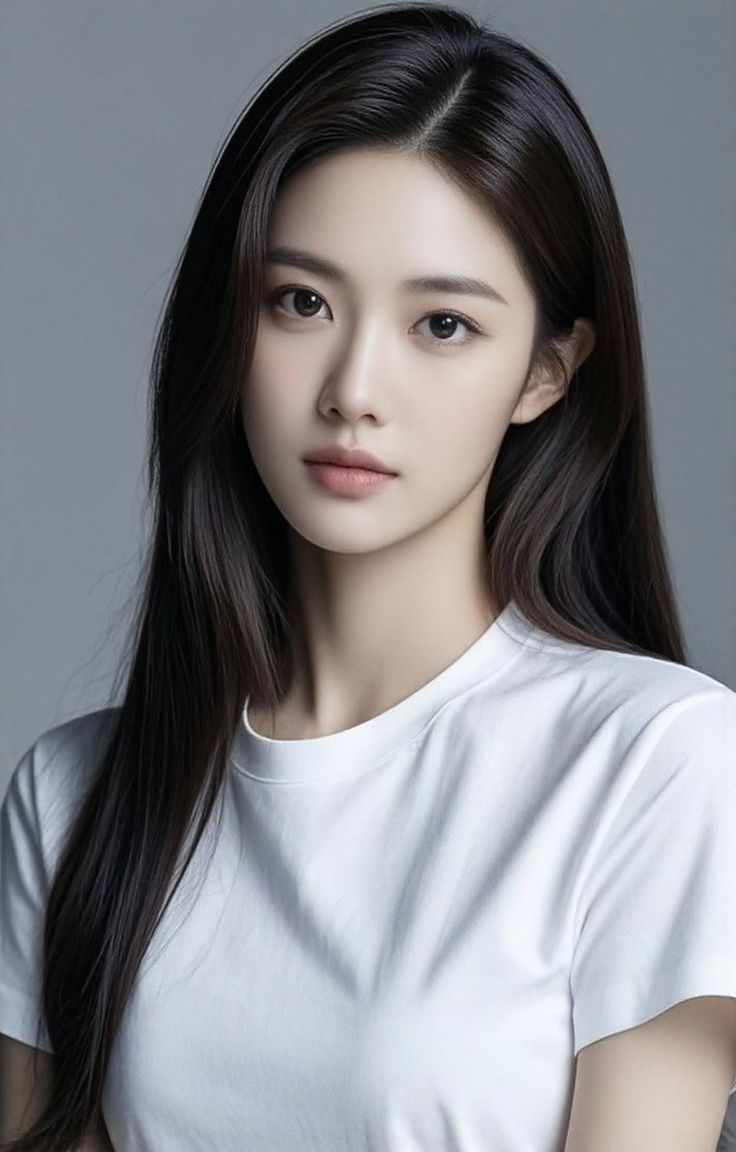 Woman with long black hair wearing a white t-shirt in a studio portrait