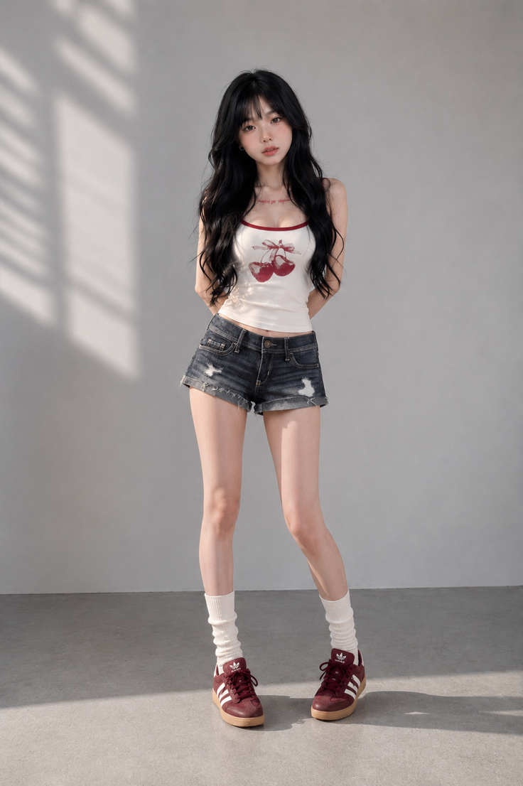 Woman with long black hair wearing a white tank top and denim shorts indoors