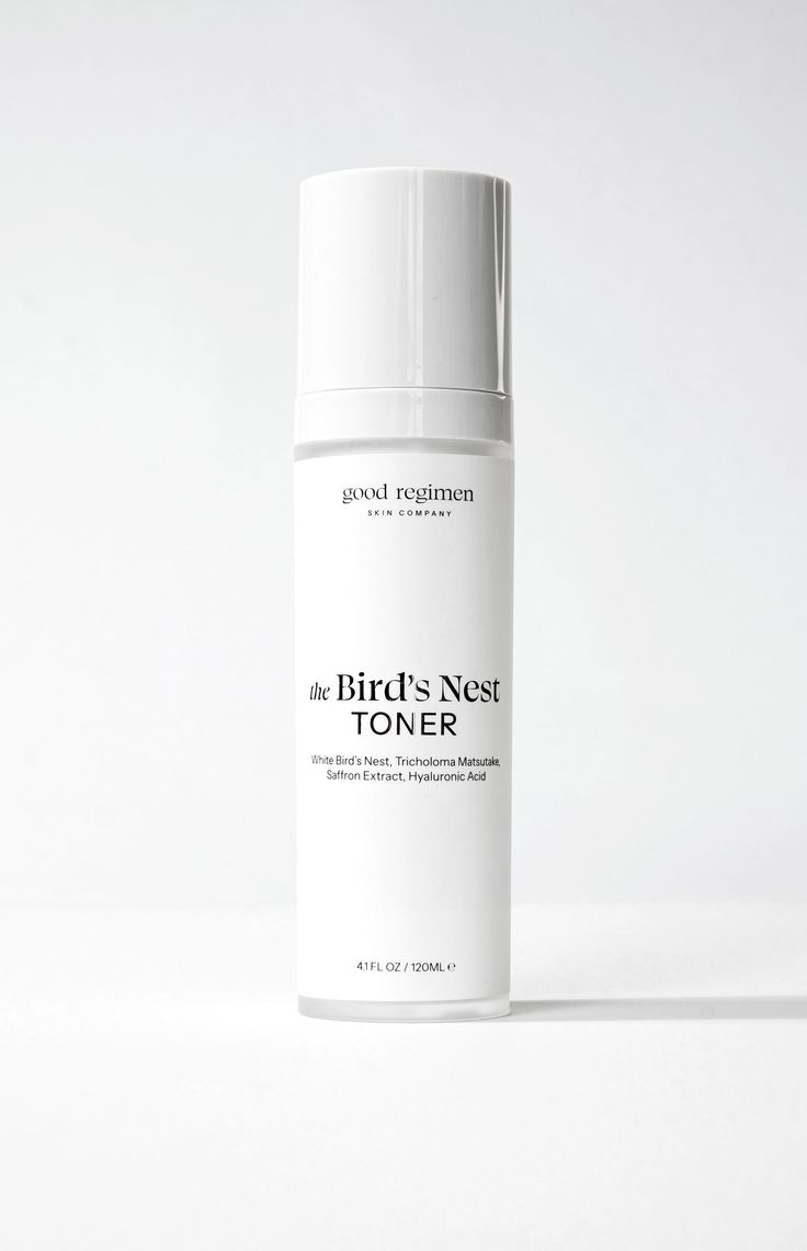 White bottle of Good Regimen Bird's Nest Toner on a white background